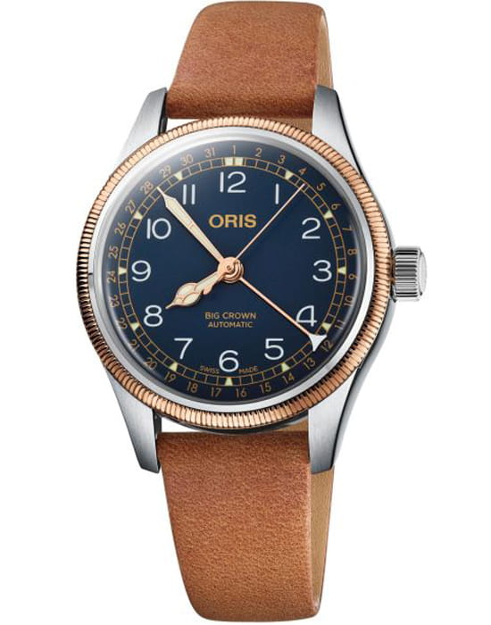 Oris Oris Big Crown Pointer Date 01 754 7741 4365-07 5 20 71  01 754 7741 4365-07 5 20 71 механические мужские часы синий циферблат, браслет кожаный — вид спереди